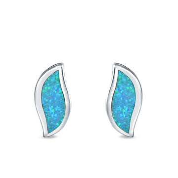 Leaf Stud Earrings Lab Created Blue Opal 925 Sterling Silver (11mm)